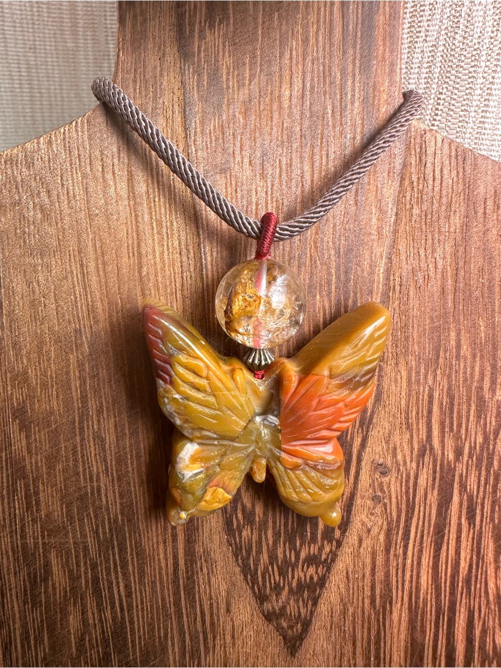 Colorful Agate Butterfly Carving Pendant Necklace with Herkimer Diamond on Rope